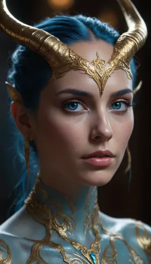 Ultrarealistic portrait of a mystical humanoid with delicate curved horns, glowing intricate patterns on the skin, hyperdetailed face, sharp cheekbones, flawless skin texture, deep heterochromatic eyes, (one gold, one ice-blue), realistic wet effect in the eyes, full natural lips, soft cinematic lighting, fantasy atmosphere, 8K, Unreal Engine 5, photorealistic, dramatic shadows, art by Artgerm and WLOP