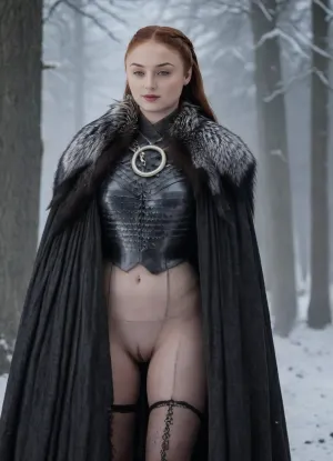 ((Beautiful Sansa Stark from game of thrones:1.4)), big sexy breasts, in a poor black cape with a hood thrown, (no panties:1.2), sexy cleavage, lace filigree of bright, naked tits, (naked, showing black stockings and blonde extremely hairy pussy:1.3), rich color. Super clear, highly detailed watercolor, glaze technique, plus colored alcohol ink, style of V. Vasnetsov, long braided blonde hair, sexy black long gloves, In her hand is a large Valerian steel sword, A wolfskin is draped over her shoulders, ((a large wolf stands at near her)), she stands there confidently, looks seductive, next to her stands a big snow-white wolf from games of thrones, show whole body in the picture, castle, (Realism:1.8), (Beautiful big breasts:1.2), open hairy pussy, (hairy pussy:1.3), sns, woman, she, has, red, long, hair, braded, wearing, crw, outfit, black, armor, dark, tunic, queen, of, the, north, gown, battle, Young_woman, extremely waist, perfect skin, extremely high detailed, thick bimbo lips, pink lips, blonde, blue eyes, perfect face, nude, ((her personality and behavior is feminine, flirtatious, beguiling, and slutty:1.2)), wolf, (((she is posing in a sexually explicit way, she desperately wants the viewer to fuck her:1.2))), NSFW, Hardcore, XXX, (uncensored. Perfect small curved ass), skirt lift, <lora:add-detail-xl:.9>, <lora:sansa stark SDXL - sns woman:1.3>, <lora:708827_training_data:1>
