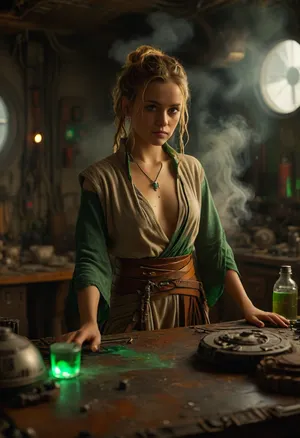Star Wars Style, full body view of a female Jedi, silent smile, repairing stuff at messy table, in a messy common room, inside Millennium Falcon, slender, slim waist, blonde matted dreadlocks, flat breasted, tanned skin, ultra realistic skin, lucky charm necklace, beautiful brown leather belt, highly detailed Jedi costume, Jedi toga, perfect face, perfect hands, glass on table, extremely steaming green liquid, 8k, high resolution, TIE, fighter, neon_style, cloudy, smoke, atmospheric, clouds, fog, Explosion, Artstyle, <lora:TIE fighter:.8>, <lora:304304_training_data:.5>, <lora:MJ52:.6>, <lora:Cloudy_Style:1.1>, <lora:Explosion Artstyle - Trigger is Explosion Artstyle:.4>