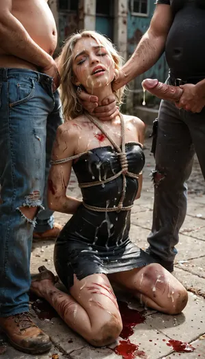 (((Thick rope choking her))), best quality, ultra detailed, masterpiece, 8k uhd, dslr, high quality, sharp body, highly detailed body, (realistic), white blonde woman, thin waist, slim, beautiful figure crying, makeup stains, she sweats a lot, dressed in a sexy dress that was torn, in a dirty abandoned building, her body and clothes are dirty, (scat smeared on her body and clothes), she was just brutally gang raped, Cum on girl, cum all over face and hair, covered in thick cum, Homeless man, bukkake, cum, playing dead, one eye closed, (rope marks from noose on neck), (bloody cuts on cheeks and neck), full body view, <lora:MS_Real_XL_Bukkake:1.6>