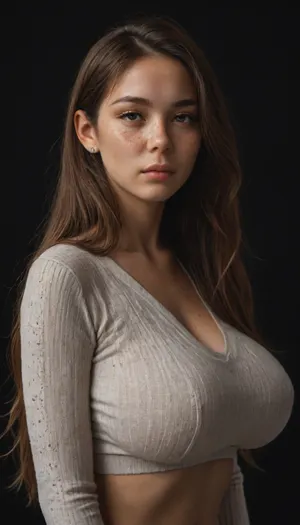 rich color palette, Asian girl, Tanned, strong build, gray knitted long sleeve top, (big breasts:1.8), (freckles:1.8), (long hair:1.8), (black background:1.8)