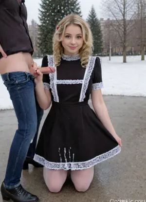 Side view of young blonde, petite girl 18 years old, holding stranger's cock in hand and then he suddenly cums on her face, she is kneeling, winter, park, evening, man's pants are pulled down to her hips, her hands are raised to block the cumshot, cum on her hands, black dress, black high heels, black pantyhose, soviet uniform, white apron, full length, D-cup breasts, very long blonde hair, kneeling in the snow, cum on clothes, cum on pantyhose, big smile and she is covered in cum, (cute face:1.5), erect penis, white man, man in front of woman, big cock, she looks disgusted and tired, big smile, cum on hair, cum on face, cum on dress, faceless man, close-up, <lora:suxl:.8>, curls, big, hair, <lora:xl_ojou_curls-1.0:.8>, unaestheticXL_cbp62, <lora:DetailedEyes_V3:.8>, bustysophie, <lora:bustysophie_xl_v1.1:.8>