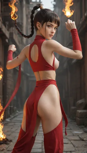 (fire nation Tylee:1.4), (one long braid), (Avatar the last air bender), (slutty cut out outfit:1.7), (ultra petite body:1.9), tylee, ard nipples sticking out from under clothes, high round breasts, fighting stance, shows ass