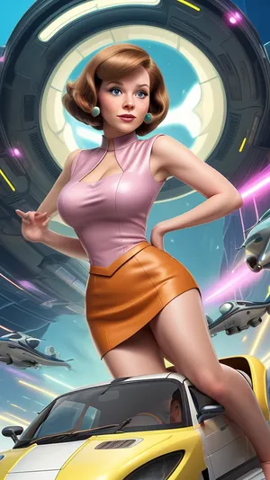Jane Jetson, gigantic breasts, bob cut lite brown hair, (futuristic background:1.2), flying car, fullview, full view..