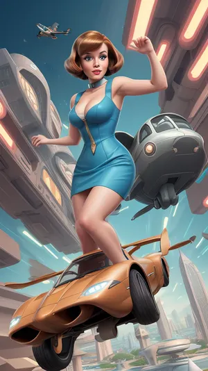 Jane Jetson, gigantic breasts, bob cut lite brown hair, (futuristic background:1.2), flying car, fullview, full view..