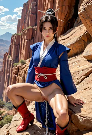 (muscular Kitana), squatting at the edge of a cliff, leaning back, squirting off cliff, sweat, no panties, relaxed layed back position, pissing, style, of, akira, toriyama, Red desert mountains, woman, with, a, wask, in, blue, costume