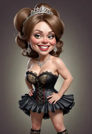 ((funny caricature:2)), face of crazy women, hot milf caricature, busty hourglass midget body, irish female, ((rich diadem)), (saggy breast with erecting nipples), (big cartoonish head), exaggerated caricature features, focused expression, ((wearing corset with lace, on high heels)), caricature style, playful color scheme, view from side