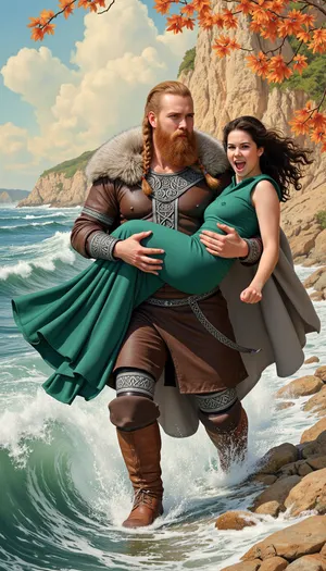 A dramatically lit watercolor painting in the Art Nouveau style depicting a powerful Viking warrior, mid-30s, with weathered skin, a long braided auburn beard, and piercing blue eyes, forcefully carrying a terrified young woman, approximately 20 years old, of Mediterranean descent with dark curly hair, across a windswept, rocky coastline. The woman's emerald green dress billows dramatically behind her as she screams, her face contorted in fear and despair. The Viking's attire consists of a dark brown leather tunic adorned with intricate silver Norse knotwork, worn over chainmail, with a fur-lined cape billowing in the wind. His grip is firm yet controlled, his expression a mixture of grim determination and predatory intensity. The scene is rendered with dynamic brushstrokes, capturing the movement and emotion with heightened vibrancy. The palette is rich with deep blues and greens of the turbulent sea, contrasting with the warm oranges and browns of the rocky cliffs and Viking's attire. The background features stylized Art Nouveau floral motifs intertwined with stylized waves, enhancing the whimsical yet tense atmosphere. The composition uses a three-quarter perspective, emphasizing the diagonal line of motion created by the figures, while a shallow depth of field draws focus to the central figures. The overall mood is a blend of dark romanticism and whimsical fantasy, evoking a sense of both danger and ethereal beauty. Watercolor texture is pronounced, adding a sense of spontaneity and energy to the piece.