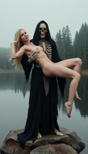 (grim reaper with a naked muscular woman, standing on a rock in the middle of a foggy lake, holding up a naked blonde woman on his shoulder), center sceen, tall, detailed skull face, detailed ragged black robe blowing in the wind, skeleton hands, tall evil forest surrounds the lake, EPSavageVerse, <lora:svgvrs_flx_EliPot:.8>