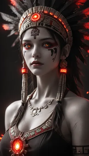 (large headdress with glowing details and tall black feathers), evil, muscular, cyber, Aztec, Goddess, (full face paint:1), wide headdress, glowing accessories, looking at viewer, dark art style, highly detailed, (side portrait), (black and white ratio:1.1), (red neon glow:1.1), (fire embers:.8), perfecteyes