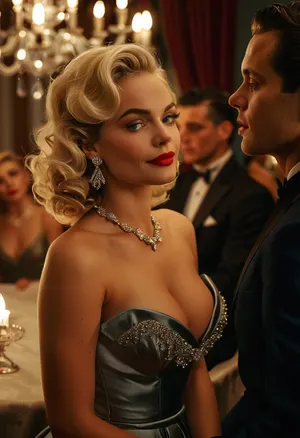 (masterpiece, best quality, ultra-detailed, photorealistic, vintage Hollywood glamour), two glamorous women at a formal evening party, 1950s retro style, sitting together at an elegant table under a sparkling chandelier, one woman with short black curly hair, pale flawless skin, striking light blue eyes, bold red lipstick, sculpted cheekbones, wearing a dark navy strapless satin gown with a sweetheart neckline, diamond necklace and earrings, holding a glass in her hand, elegant posture, confident expression, the other woman standing beside her with platinum blonde voluminous shoulder-length hair styled in soft waves, bright blue eyes, radiant smile, dramatic eyeliner, glossy pink lips, pale luminous skin, extremely voluptuous figure with large exposed cleavage, very tight and revealing silver satin dress with spaghetti straps, plunging neckline showing large round breasts, diamond chandelier earrings, hand resting lightly on her hip, both women exuding charm and charisma, softly blurred background with other guests, elegant vintage atmosphere, warm cinematic lighting, detailed textures, signed photo, <lora:MJ52:1>, <lora:SDXLHighDetail_v6-000005:1>