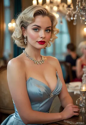 (masterpiece, best quality, ultra-detailed, photorealistic, vintage Hollywood glamour), two glamorous women at a formal evening party, 1950s retro style, sitting together at an elegant table under a sparkling chandelier, one woman with short black curly hair, pale flawless skin, striking light blue eyes, bold red lipstick, sculpted cheekbones, wearing a dark navy strapless satin gown with a sweetheart neckline, diamond necklace and earrings, holding a glass in her hand, elegant posture, confident expression, the other woman standing beside her with platinum blonde voluminous shoulder-length hair styled in soft waves, bright blue eyes, radiant smile, dramatic eyeliner, glossy pink lips, pale luminous skin, extremely voluptuous figure with large exposed cleavage, very tight and revealing silver satin dress with spaghetti straps, plunging neckline showing large round breasts, diamond chandelier earrings, hand resting lightly on her hip, both women exuding charm and charisma, softly blurred background with other guests, elegant vintage atmosphere, warm cinematic lighting, detailed textures, signed photo, <lora:MJ52:1>, <lora:SDXLHighDetail_v6-000005:1>