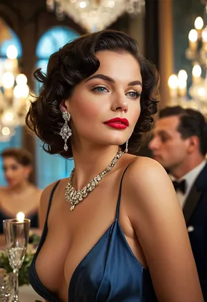 (masterpiece, best quality, ultra-detailed, photorealistic, vintage Hollywood glamour), two glamorous women at a formal evening party, 1950s retro style, sitting together at an elegant table under a sparkling chandelier, one woman with short black curly hair, pale flawless skin, striking light blue eyes, bold red lipstick, sculpted cheekbones, wearing a dark navy strapless satin gown with a sweetheart neckline, diamond necklace and earrings, holding a glass in her hand, elegant posture, confident expression, the other woman standing beside her with platinum blonde voluminous shoulder-length hair styled in soft waves, bright blue eyes, radiant smile, dramatic eyeliner, glossy pink lips, pale luminous skin, extremely voluptuous figure with large exposed cleavage, very tight and revealing silver satin dress with spaghetti straps, plunging neckline showing large round breasts, diamond chandelier earrings, hand resting lightly on her hip, both women exuding charm and charisma, softly blurred background with other guests, elegant vintage atmosphere, warm cinematic lighting, detailed textures, signed photo, <lora:MJ52:1>, <lora:SDXLHighDetail_v6-000005:1>