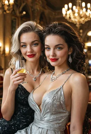 (masterpiece, best quality, ultra-detailed, photorealistic, vintage Hollywood glamour), two glamorous women at a formal evening party, 1950s retro style, sitting together at an elegant table under a sparkling chandelier, one woman with short black curly hair, pale flawless skin, striking light blue eyes, bold red lipstick, sculpted cheekbones, wearing a dark navy strapless satin gown with a sweetheart neckline, diamond necklace and earrings, holding a glass in her hand, elegant posture, confident expression, the other woman standing beside her with platinum blonde voluminous shoulder-length hair styled in soft waves, bright blue eyes, radiant smile, dramatic eyeliner, glossy pink lips, pale luminous skin, extremely voluptuous figure with large exposed cleavage, very tight and revealing silver satin dress with spaghetti straps, plunging neckline showing large round breasts, diamond chandelier earrings, hand resting lightly on her hip, both women exuding charm and charisma, softly blurred background with other guests, elegant vintage atmosphere, warm cinematic lighting, detailed textures, signed photo, <lora:MJ52:1>, <lora:SDXLHighDetail_v6-000005:1>