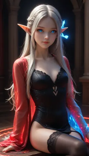 ((upper body)), best quality, masterpiece, a russian woman with, ((glowing white hair)), ((detailed pearly blue eyes)), high detail goddess soul, focus on character, alone, (style swirl magic), from the front, front view, looking at viewer, detailed face, ((glowing lighting magic circle theme)), perched on ledge, tight neon body, light flow, dark abyss wanderer abstract, ((simple glowing neon robe)), engraved with mystical runes, outdoor dystopian background, UHD 8K, extreme realism, High skin texture, photorealistic, maximum detail, Gothic girl, cute, charming girl, looking directly at the viewer, a light inviting smile, slender figure, (Elegant elf ears:1.5), beautiful elastic ass, sexy feminine hips, sexy legs, black sexy lace stockings, red glowing pupils, all in black+red shades, (Multicolour Ruby Rose Hairstyle, very long hair), black+red eyes, black+red makeup, black+red jewelry, black+red glowing background, multicolour glossy black+red, flat, chested, reij-bnysplsh, <lora:flat_chested_v3.5:1>, <lora:Fae_Armor_XL-000008:1>, <lora:EnvyZoomSliderXL01:2>, <lora:EnvyCuteSliderXL01:2>, <lora:ebonysplash-000005:.8>