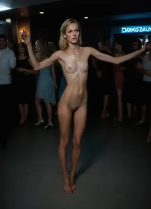 fully naked woman, blonde, milf, small tits, flat chest, pussy, (no bra), ((no panties)), ((bottomless)), hairy, tall, long legs, high heels, ((crowded dance floor)), fit body, ((skinny body)), detailed sexy legs, (nighttime), ((full body in shot)), (random posing), (no ambient light), (single harsh flash from the camera), (overexposed flash highlights on subject), (sharp shadows behind and around her), (noise in all darker areas), (wet surfaces reflecting small highlights), (flat lighting due to direct flash), (cool white balance:1.3), (cyan-tinted shadows from digital camera sensor), (fluorescent-like artificial lighting tint), (realistic dark environment with high flash contrast), (90s digital aesthetic), (cellphone photography), ((wet sweaty skin))