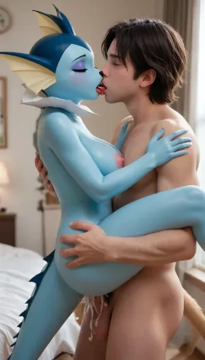 Vaporeon from Pokémon. Voluptuous. Furry art. Blue skin. Anthropomorphic, carry sex, side view, cum in pussy, (French kissing, caressing:1.3), drooling