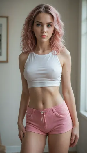 A girl in a top and Bermuda shorts with pink hair