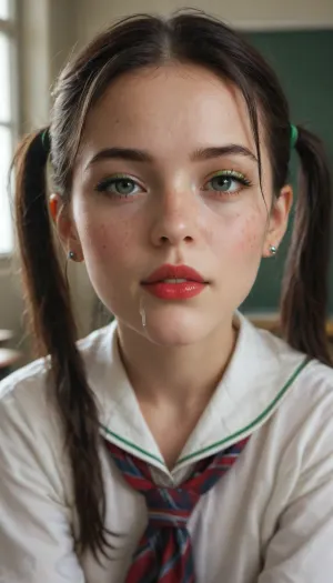 18 year old petite school girl with straight long black hair, pigtails, wearing school uniform, in the classroom, green eyeliner, cum all over face, freckles, red lipstick, young face, two cocks at the same time