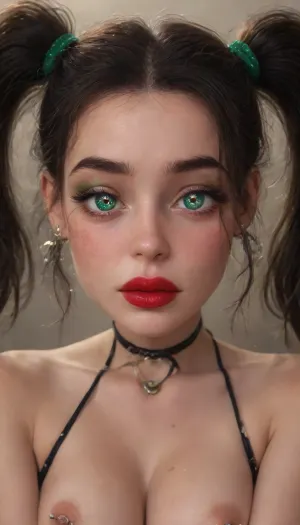 18 year old, black hair, pigtails, red lipstick, green eyes, black eyeliner, green eyeshadow, earrings, nose ring, (mischievous girlfriend, naughty girlfriend, sad face, sparkling eyes:1.8), (natural breasts, pale breasts), small nose, freckles, nipple rings, 4ng3l, face, <lora:SDXL_BetterFaces-LoRA_v1:.8>