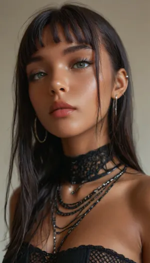 score_9, score_8_up, score_7_up, score_6_up, 1girl, (dark skin:2), goth makeup, black lipstick, ((very long black hair, fringe)), black tube top, black pantyhose, black fishnet, detailxl, igbaddie, <lora:MJ52:.8>, <lora:attractive_notrigger:.8>, <lora:igbaddie-XL:1.3>, 4ng3l, face, <lora:SDXL_BetterFaces-LoRA_v1:.8>