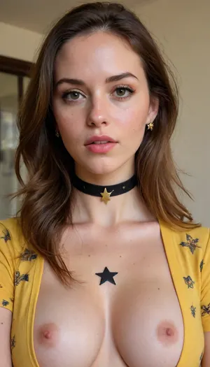 A young woman with long brown hair, parted lips, and a black choker adorned with a star, gazes directly at the viewer. She wears a yellow shirt with a floral print, tied at the front, revealing her large breasts. Her nipples are prominent and her breasts are veiny, with visible veins. She has a shadow on her face and her eyes are slightly narrowed. Her lips are slightly parted, and she wears star earrings. The background is dimly lit, with a framed picture on the wall., (1girl, solo, long hair, breasts, looking at viewer, shirt, large breasts, brown hair, jewelry, nipples, collarbone, upper body, earrings, parted lips, choker, indoors, star \, (symbol\), , , lips, black choker, shadow, no bra, floral print, denim, breasts out, front-tie top, forehead, veins, freckles, yellow shirt, breast hold, nose, selfie, tied shirt, grabbing own breast, star earrings, breast lift, veiny breasts, body freckles:.5), masterwork, masterpiece, best quality, detailed, depth of field, high detail, very aesthetic, 8k, dynamic pose, dynamic angle, adult, aged up