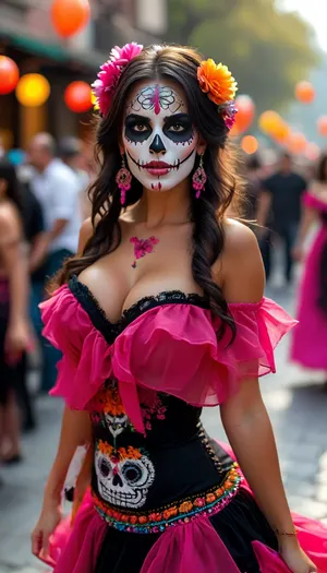 Long shot, full body image, (head to toe), spinning, twirling her dress, dancing, black high heels, smiling, ((long tongue)), dia de los muertos, Mexican beauty with skull face paints sticking out her very long pink tongue, huge parade in Mexico City, Day of the Dead, traditional Mexican dress in black, cleavage, off shoulder dress, but, large, breasts, big, boobs, huge, tits, <lora:BUT_SDXL_SHS:.8>, <lora:MJ52:.8>, <lora:bombshell_v2:.4>