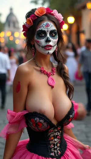 (tongue), (high heels), Long shot, full body image, (head to toe), spinning, twirling her dress, dancing, black high heels, smiling, ((long tongue)), dia de los muertos, Mexican beauty with skull face paints sticking out her very long pink tongue, huge parade in Mexico City, Day of the Dead, traditional Mexican dress in black, cleavage, off shoulder dress, but, large, breasts, big, boobs, huge, tits, <lora:BUT_SDXL_SHS:.8>, <lora:MJ52:.8>, <lora:bombshell_v2:.4>