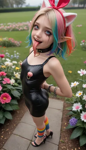 Amazing photography, 8k, highest quality, high angle, 18 years old, detailed face, insanely hot face, Young girl, slim body, lots of makeup, smokey eye shadow, ribbons in her hair, detailed sexy legs, small tits, ((skin tight dress, very short silky dress, multicolor mini dress, flowers and hearts on dress)), long multicolored rainbow hair, beautiful smug long multicolored rainbow hair, headband, big smile, barefoot, elegant open toe strap heels, ankle bracelet, side view, 4 foot up behind her, cute little butt, gorgeous young face, youthful, at the park, flowers, happy and excited, (full body), close up, (dancing), raining, wet skin, wet low back transparent dress, wet hair, elegant highheels, rainbow hair, multicolor hair, (large heavy pink nipple rings:1.5), wide opened mouth, long tongue out, tongue sticking, ahegao, cat ears, elf ears, bunny ears, ruined makeup, tears, ruined mascara, slave collar, rainbow stockings, rainbow gloves, tied arms behind back, handcuffs, chains, peace sign