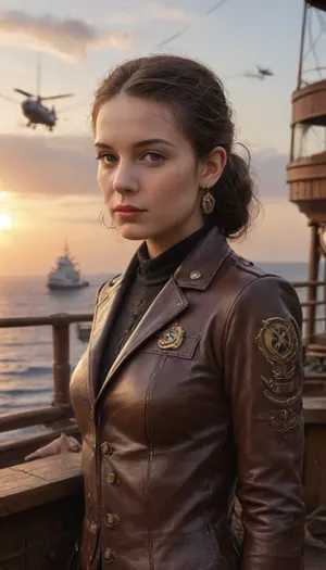 1girl, solo, steampunk airship captain, leather aviator outfit, holding brass telescope, standing on airship deck, sunset background floating islands in sky steam pipes, mechanical gears, distant airships, (half body view:1.85), full clothed, (ultra realistic, masterpiece:1.2), (high detailed skin:1.1), (high quality:1.1)