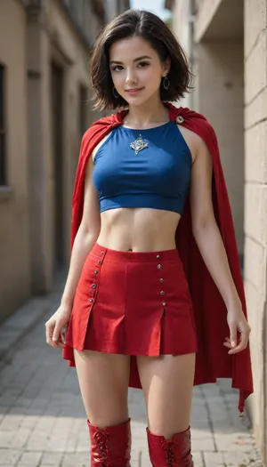 best quality, masterpiece, amazing quality, highly detailed, (score_9, score_8_up:1.1), perfect composition, shadows, shading, realistic skin, perfect coloring, smooth skin, anime, anime coloring, 1girl, momo ayase, (dandadan), navel, waist, hips, thighs, red cape, blue crop costume top, red skirt, red boots, (very flirty smile), cinematic angle, depth of field, intricate details, hyperdetailed, ultra-detailed, excellent