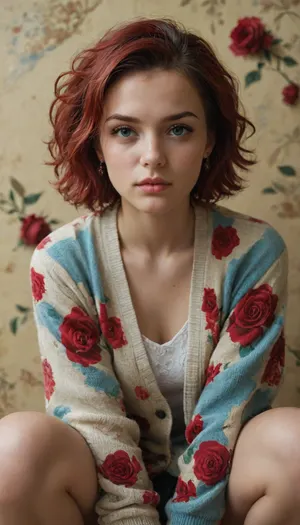 Expressiveh, from below, looking at viewer, 1girl, young woman, roses, red hair, razor cut, blue eyes, wall squat, Colorful abstract print cardigan, yellow background, textured background