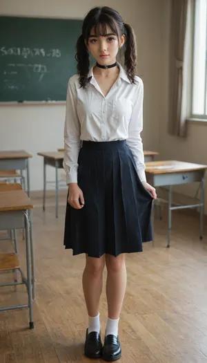 (full-length shot of a legal 18 years old cute virgin), school girl, in the classroom, black hair, pigtails, green eyes, black school uniform, choker, medium breasts
