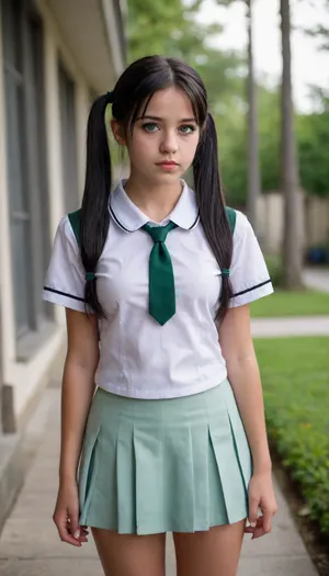 (full-length shot of a legal 18 years old cute virgin), school girl, black hair, pigtails, green eyes, black mascara