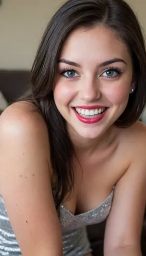 18 year old, black hair, red lipstick, earrings, nose ring, (mischievous girlfriend, naughty girlfriend, feisty grin, sparkling eyes:1.8), (natural breasts, pale breasts), small nose