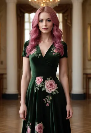 (masterpiece, best quality:1.2), 1 czech 30yo woman, famous pop singer, (she wears a luxury dark olive velvet dress with floral pattern:1.4), indoors in a ballroom, (long wavy pink hair:1.2), bright blue eyes, piercing in nose, she dances solo, photorealism