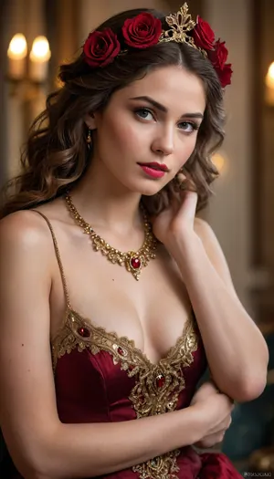 Young woman, light-medium complexion, with long, dark, wavy hair, adorned with a magnificent golden crown of roses and jeweled embellishments. Intricate, golden jewelry, including a detailed necklace and ornate armlets, featuring vibrant red and teal gems, embellish her form-fitting, deep crimson dress. Her expression is serene and captivating, with full lips, expressive eyes, and subtle, soft freckles across her cheeks. The woman's gaze is directed straight ahead, evoking a sense of mystery. Her posture is graceful and regal, her arms falling naturally at her sides. The background showcases an abundance of deep red roses, creating a lush, romantic ambiance, that are in soft focus. A warm, golden light illuminates her face and upper body, while the background fades into a soft, rose-toned glow. The lighting is dramatic, with highlights and shadows sculpting her features and adding a sense of depth to the image. The image's perspective is close-up and direct, focusing on her detailed features and intricate costume. The overall style is a modern fantasy, evoking images of a regal fairy, a powerful queen, or a seductive sorceress. The vibrant red roses and golden jewelry combine to create a dramatic color palette, resulting in a seductive and enchanting atmosphere. The image displays a high level of detail, emphasizing the embellishments, textures, and realistic portrayal of the subject. A tattoo is discernible on the woman’s arm. The style leans toward dramatic realism, with romantic and fantasy elements.