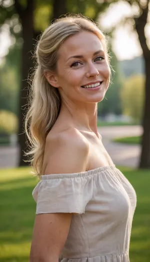 A Scandinavian milf called Fiona, 45 years old, long blonde hair, very skinny, thin face, high cheekbones, wearing a light linen summer dress, smiling, shot on Canon EOS 5D Mark IV, 85mm lens, shallow depth of field, (f/1.8), subject in sharp focus, bokeh background, shot during golden hour, warm skin tones, over-the-shoulder shot, blurred park background
