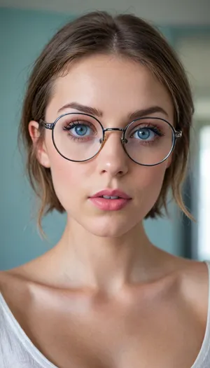 ziprealism, (profile shot, intimate snapshot esthetic, heartbreaking beauty, sexy nerd, quirky style:1.4), (playful girlfriend, mischievous woman, bashful pose), (expressive eyes, mesmerizing eye contact, hopeful expression), (bangs haircut, thick hair, voluminous hair:1.2), (focus on lips, perfect eyes, tight closeup shot), (subtle makeup, casual makeup), (delicate features, full lips, hair framing face), (crystal blue eyes, catchlights, detailed eyes, downturned eyes, limbal ring:1.2), (circular glassesglasses, stylish oversized glasses, quirky glasses:1.2), (cleavage, lingerie), natural skin texture, <lora:add-detail-xl:.8>