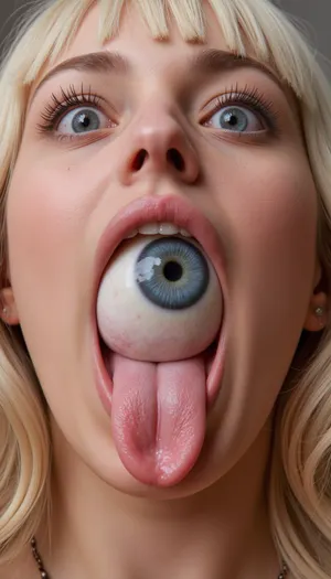 Sexy bimbo, (giant blue eye inside her mouth:2), white bangs, blue eyes, luscious lips, gaping mouth open, wet tongue, perfect teeth, wide eyes, mouth close up, looking at viewer
