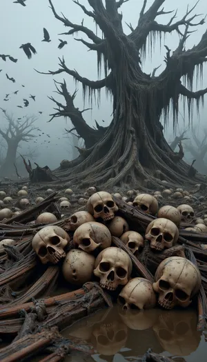 large pile of dirty weathered skulls, mud water, foggy swamp, giant evil trees, ((many crows flying)), broken skulls, bones, realistic, cinematic, high resolution, zoom out, 18+, EPSavageVerse, <lora:svgvrs_flx_EliPot:1.2>