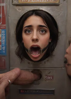 (glory wall:1.2), (bust and head sticking out hole with metal rim:1.5), (muslim turkish girl trapped in hole with metal rim:1.3), (dark green cashmere pullover:1.1), (wide mouth spreader ring gag:1.4), (from side), (leaning forward:1.4), (embarrassed, ashamed), (pleading expression), (vintage vending machine:1.3), (hole is close to floor), (score_9, score_8_up, score_7_up, UHD 8K, masterpiece, best quality, maximum details, natural light, extreme realism, cinematic still), (low mounted, close to floor:1.2), (she is stuck in a hole with metal rim in a public vending machine at night:1.3), (she stares at man stroking his big penis in front of her face:1.6), (arms restrained with iron rings to the wall:1.2), (shackles around wrists), (her long arms are tied against the wall, cuffs on wrists:1.7), <lora:Vending_machine_at_night:.8>