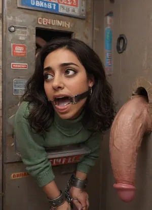 (glory wall:1.2), (bust and head sticking out hole with metal rim:1.5), (muslim turkish girl trapped in hole with metal rim:1.3), (dark green cashmere pullover:1.1), (wide mouth spreader ring gag:1.4), (from side), (leaning forward:1.4), (embarrassed, ashamed), (pleading expression), (vintage vending machine:1.3), (hole is close to floor), (score_9, score_8_up, score_7_up, UHD 8K, masterpiece, best quality, maximum details, natural light, extreme realism, cinematic still), (she is stuck in a public vending machine at night:1.3), (she stares at man stroking his big penis in front of her face:1.6), (arms restrained with iron rings to the wall:1.2), (shackles around wrists), (her long arms are tied against the wall, cuffs on wrists:1.7), <lora:Vending_machine_at_night:.8>