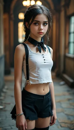petite student, Slim, ripped revealing clothes, goth, Small tits, (full body view), Tinymodel, young, schoolgirl, 18 years old, perfect face, dark brown eyes, cute, closeup, petite body, smokey eyes, full body photo, beautiful face, (Ultra detailed skin:1.5), (ultra high resolution:1.5), <lora:MJ52:.3>