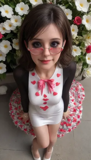 Amazing photography, 8k, highest quality, high angle, 40 years old, detailed face, insanely hot face, milf, slim body, lots of makeup, smokey eye shadow, ribbons in her hair, nerdy glasses, detailed sexy legs, small tits, ((skin tight dress, very short silky dress, white mini dress, flowers and hearts on dress)), long gorgeous hair, beautiful smug brunette, headband, big smile, barefoot, elegant open toe strap heels, ankle bracelet, side view, 4 foot up behind her, cute little butt, gorgeous young face, youthful, at the park, flowers, happy and excited, (full body), close up, (dancing), raining, wet skin, wet low back dress, wet hair, elegant toes