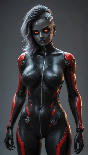 (Super slutty sombra), ((((perfect robotic hourglass body)))), ((((robotic face)))), ((((robotic hair)))), ((((super detailed big round robotic breasts)))), ((((robotic fullbody)))), full shot, front view, Zipper jumpsuit red