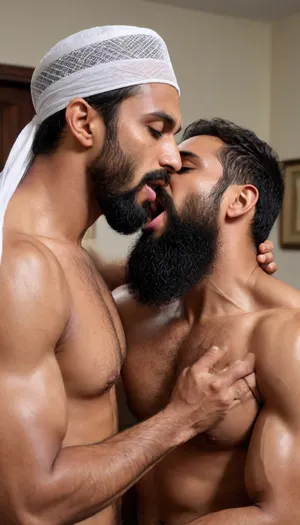 'Afzal Khan' having long Muslim beard, A very handsome Muscular Pakistani Politician sensually and passionately kissing a Indian boy inside his Office, Indian boy clad in brief, (Afzal wearing white Mesh Muslim prayer cap, Gorgeous Indian Man not wearing Cap), Afzal hugging the boy intimately while grinding his ass, (Married Muslim Virile hunk tightly embracing the boy, wet kiss involving full mouth, Dominant Afzal, kiss saliva), hairy Chest and armpits, sexually frustrated, bodybuilder, professional photography, sharp focus, 4k high definition, insanely detailed, RAW photo, HDR, hyper-realistic, dark lighting, photo realism