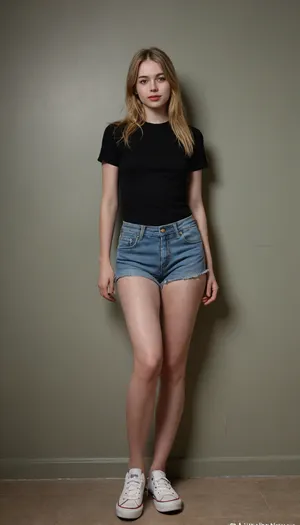 Masterpiece, Best quality, Ultra HD, ((full length with feet in view)), Hyper Realistic, abrasions on the knees, 18-year-old girl, Natasha, standing against the wall at during a medical examination, feminine features, (((no makeup))), (((pale face))), very blonde hair, (straight hair), long hair with bangs, medium height, oval face, Forehead tall, arched eyebrows of medium thickness, eyebrows with a natural curve, (almond-shaped lips of small size), symmetrical green small eyes, bright eyelids, straight nose of medium length, pointed tip of nose, high cheekbones not protruding, rounded cheeks, dimples form when smiling, the lips are a natural pink shade, the lower lip is thicker than the upper one, the chin is oval, white skin with a pink tinge, abrasions on her knees, very thin, thin arms, protruding ribs, flat chest, tits wide apart, with a large number of moles, defects in the form of pimples and abrasions, ((pubic hair)), black T-shirt, jeans shorts, black converse sneakers, foto full height, the camera shoots from afar
