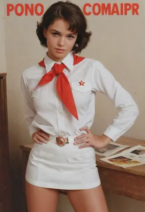 (single drawn girl:1.3), (illustration:1.3), (hand drawn:1.3), (drawn porno comics book cover:1.3), (TITLE text, "Пионер":1.3), (Soviet pioneer girl:1.2), Soviet pioneer girl 18yo, in a red scout tie, white blouse and white panties, sexy random pose, sovietForm, sopi, <lora:iltromba_artwork_style_smm_SDXL_LORA_v07:.5>, <lora:text:1.1>, pionyrs, shirt, neckerchief, skirt, sash, badge, <lora:pionyrka:.8>