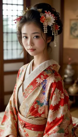 18 year old beautiful tan Japanese girl in a Kimono, ​​in a sensual scene from 18th century ancient Japan. her kimono is artfully designed, The scene takes place in an opulent, traditional Japanese home, decorated with luxurious fabrics and rich embellishments. The room is flooded with a soft, warm light that envelops the girls in a tempting glow and enhances their sensual charisma. The two girls pose in various erotic positions, their movements fluid and supple like those of an experienced geisha. They lure the viewer with flirtatious looks and lascivious gestures that combine their sexy look with a seductive appeal. Their faces are illuminated by a captivating smile that radiates both innocence and playfulness, captivating the viewer. Their eyes sparkle with curiosity as they celebrate the art of seduction with exuberance. The image has an incredible erotic intensity that captures the sensuality and eroticism of the scene in a captivating way. Every detail, from the delicate patterns of their kimonos to the alluring curves of their bodies, is depicted with a passionate devotion that transports the viewer into a world of sensual pleasures., cutout, clothing, nipples, jpn-girl, female, samurai, style, reiko, japanese, sawamura, niohxlguardiansprt, Kimono, kanzashi, headwear, kimono, wearing, <lora:2BoutOvalSDXL2-000002:1.6>, <lora:japanese_girl_v1.1:.5>, <lora:Kimono:.8>, <lora:edgKanzashiXL:.8>, <lora:MJ52:2>